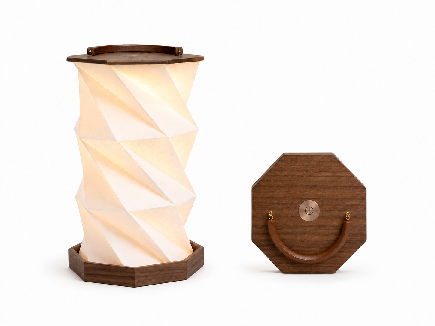 NOMAD Walnut portable origami lamp — hand-folded solid wood gift light